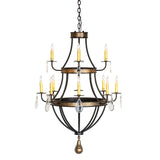 Side angle view of Georgetown 12 light chandelier with curved arms and crystal drops.