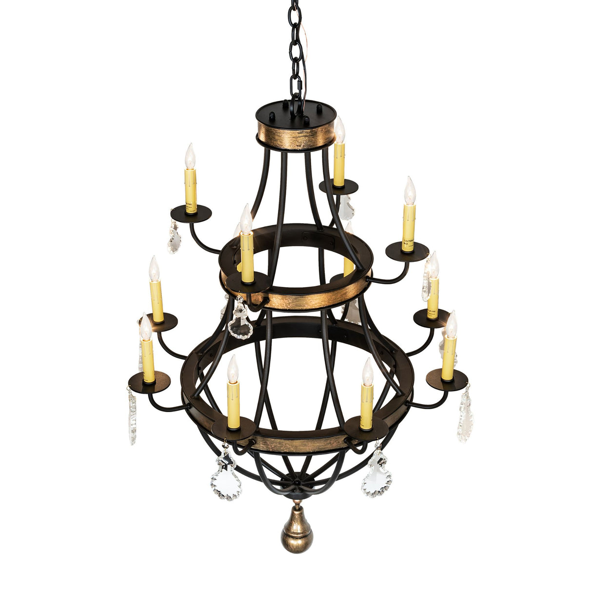 Top angle view of chandelier showing dual ring construction and candle arms.