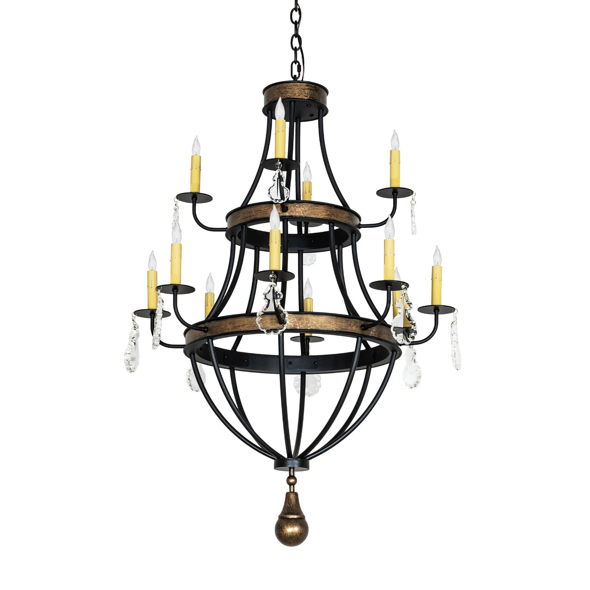 Georgetown 12 light chandelier unlit showing textured black finish and crystal accents.