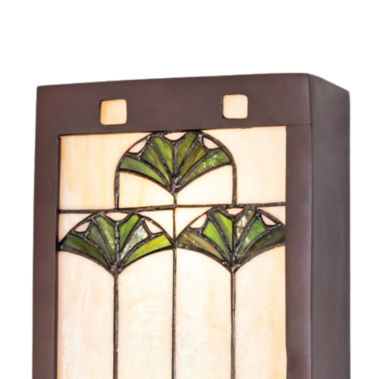 Close-up of Ginkgo wall sconce glass panel with intricate leaf design.