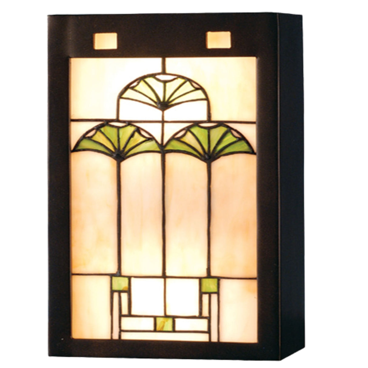 Front view of Ginkgo wall sconce with stained glass panel design.