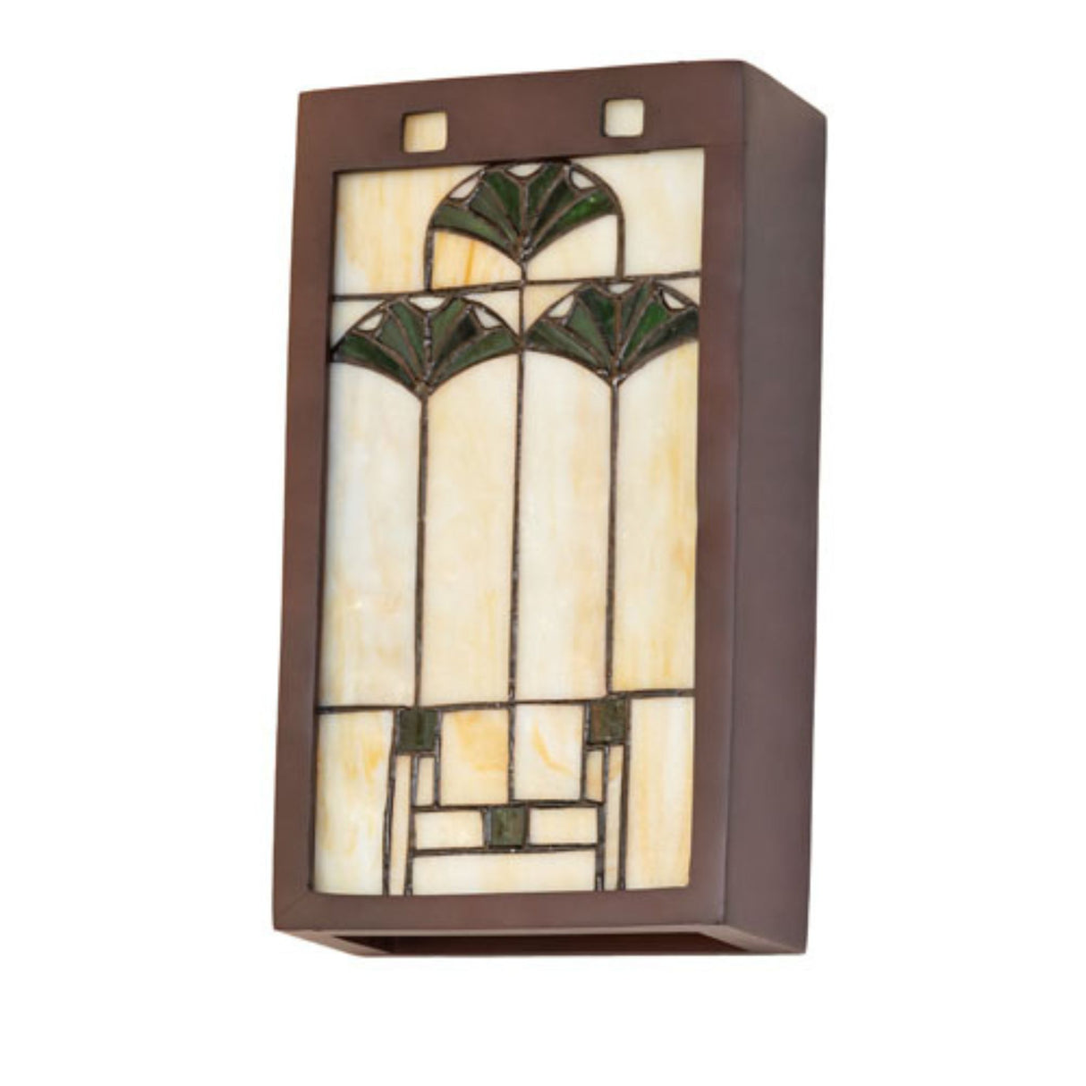 Perspective view of Ginkgo wall sconce showcasing its elegant stained glass.