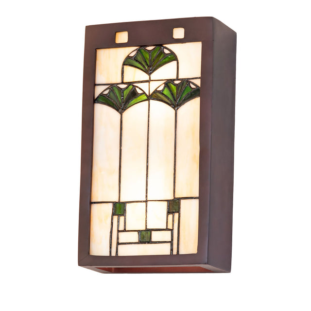 Angled side view of Ginkgo wall sconce featuring green leaf glass details.