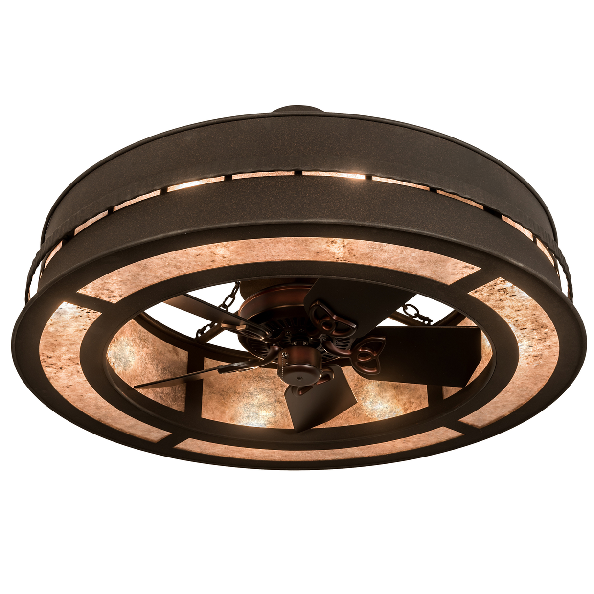 Bottom angled lit view showing fan blades and glowing mica diffuser panels.