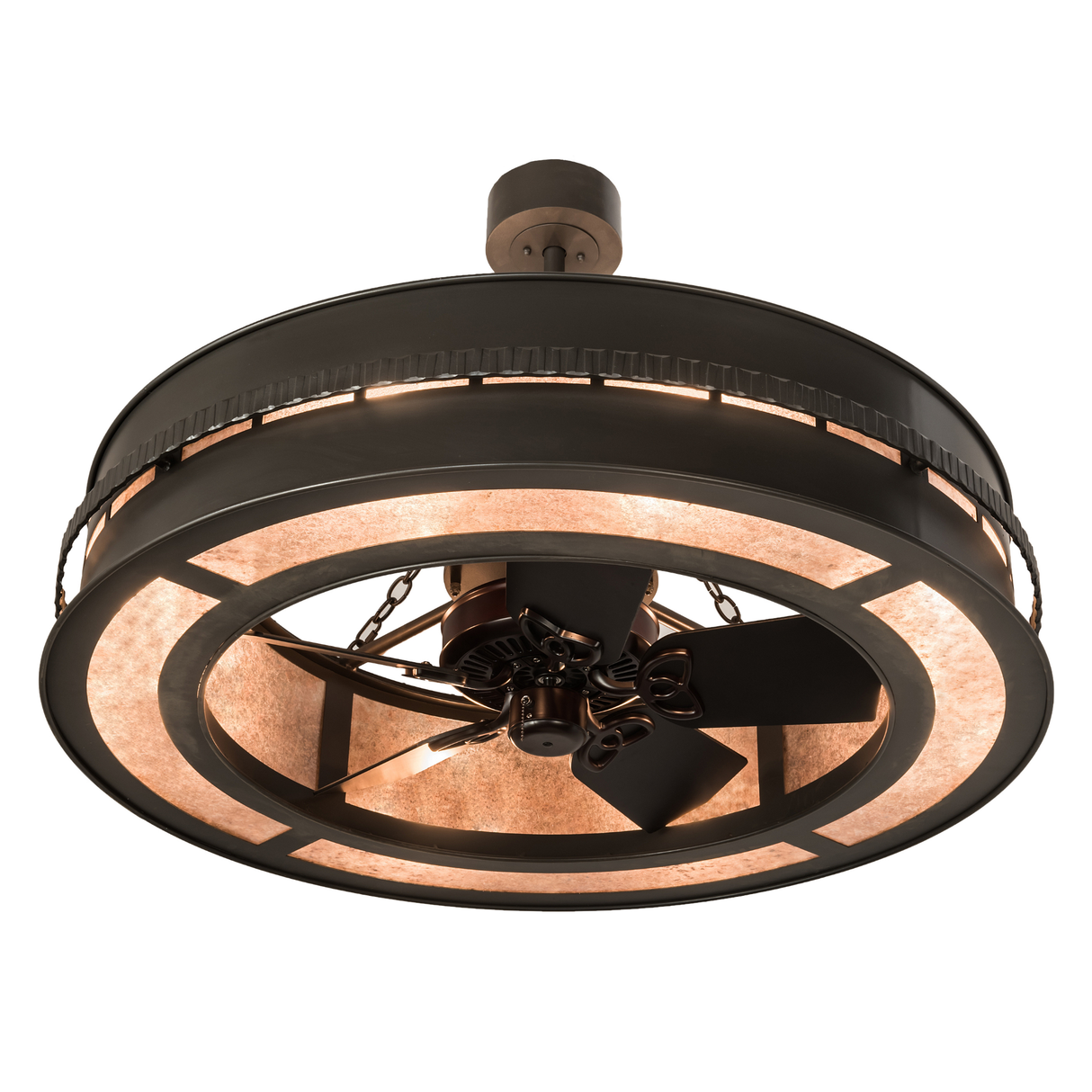 Bottom angled lit view showing fan blades, downlights, and mica diffuser glow.
