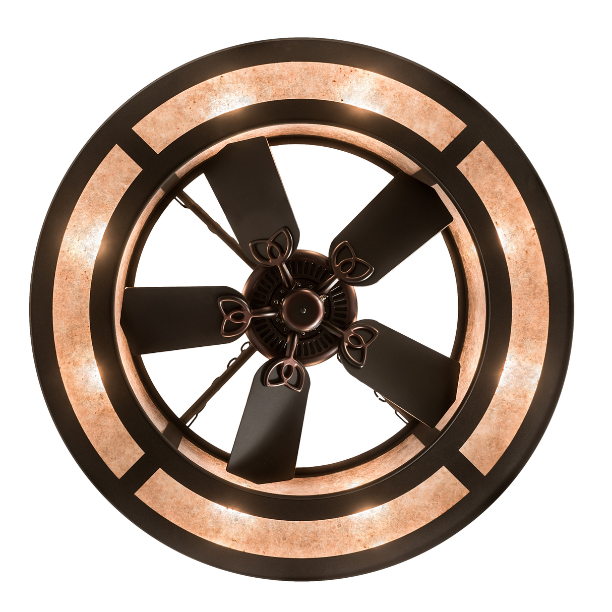 Bottom lit view highlighting integrated fan, lighting ring, and mica glow.