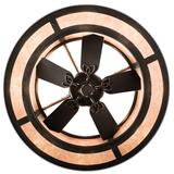 Bottom lit view of Golden Forge Chandel-Air displaying five-blade fan and light ring.