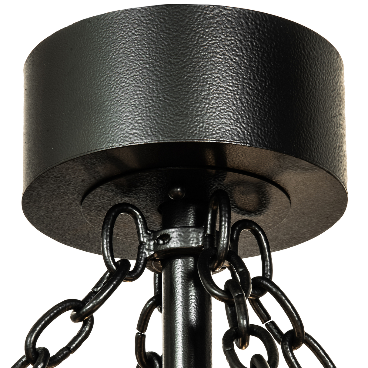 Close-up of canopy and chain assembly in matte black finish.