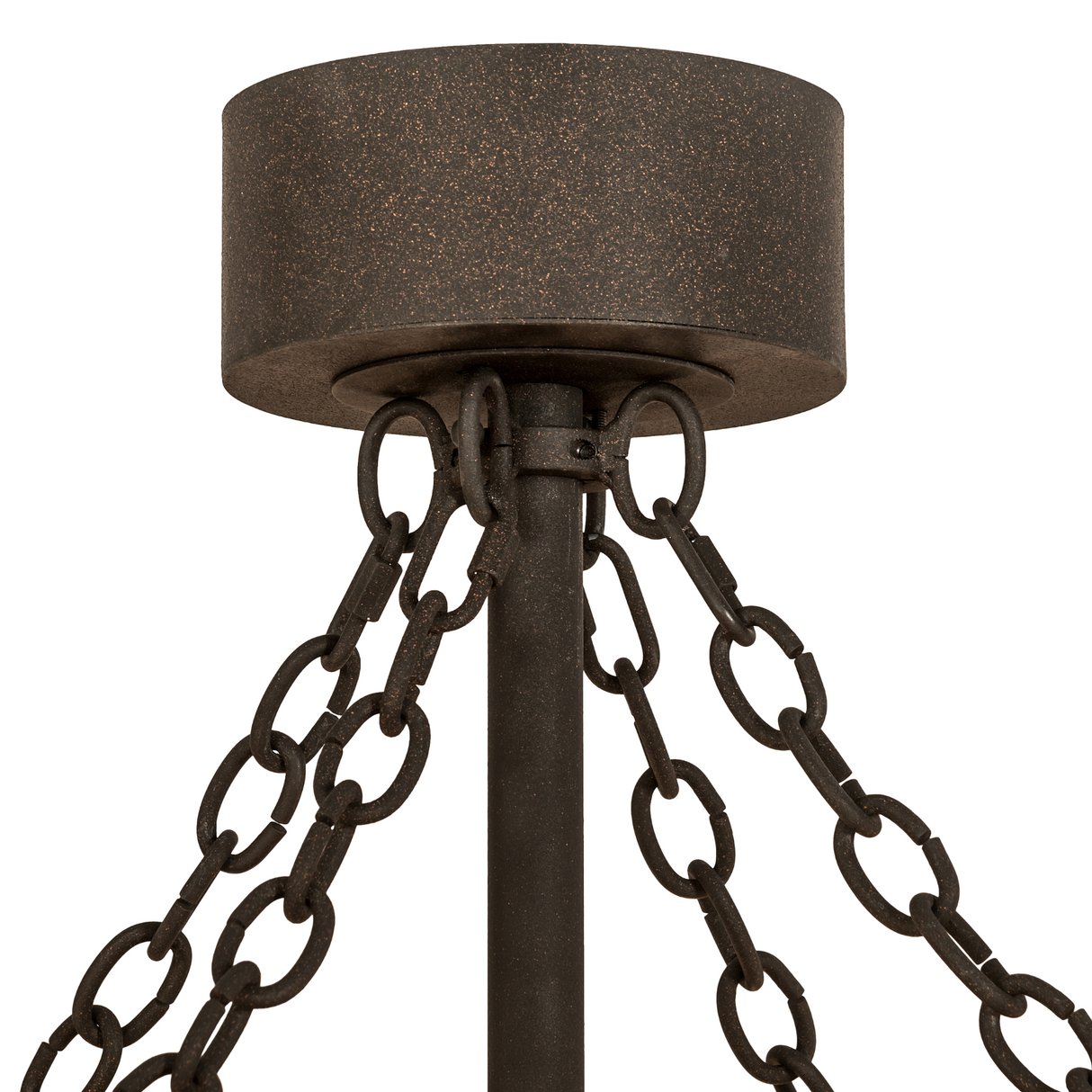 Close-up canopy view showing Dark Roast chain suspension and ceiling mount.