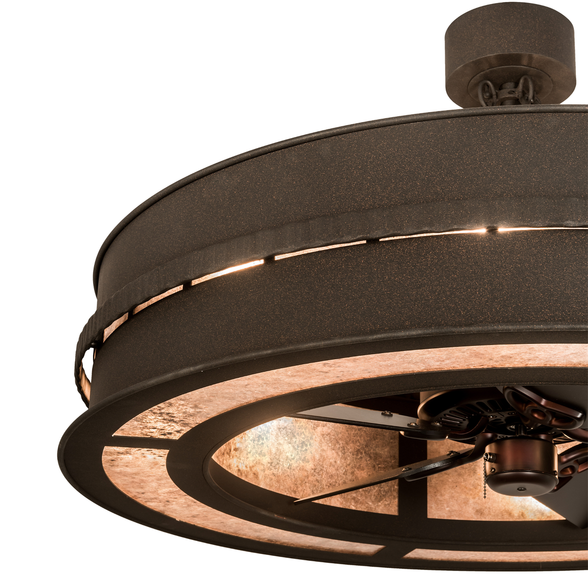 Close-up of Golden Forge Chandel-Air showing rustic metal band and mica light panels.