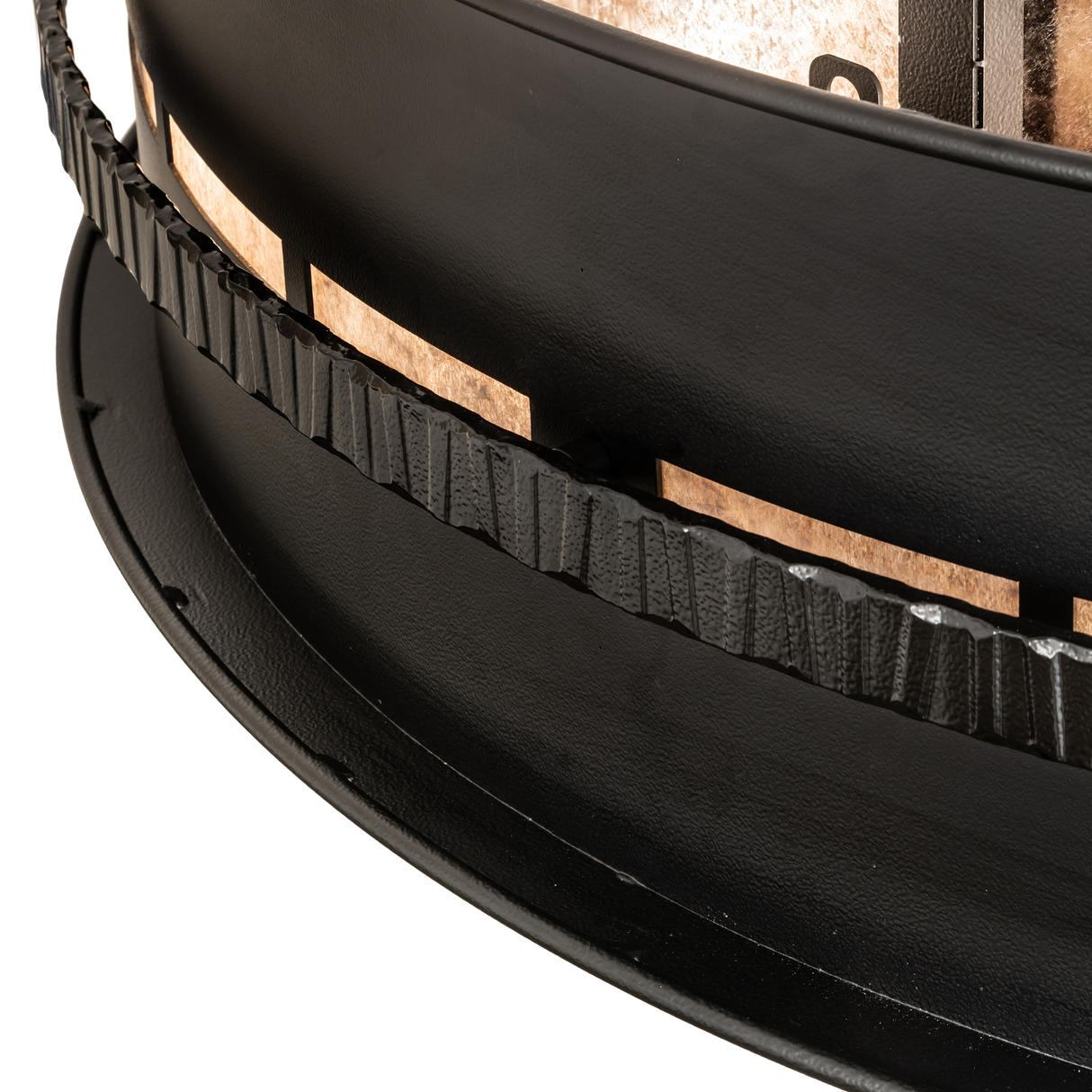 Close-up of hammered black iron band and mica edge detail.