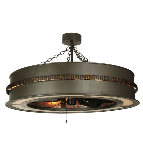 Front view of illuminated Golden Forge Chandel-Air with hammered copper band.
