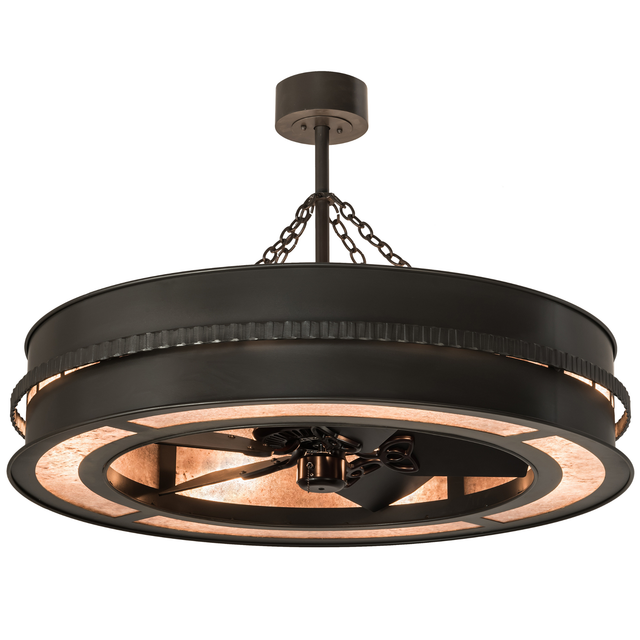 Lit angled view of 44" Golden Forge Chandel-Air showing bronze frame and mica glow.