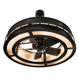 Lit bottom angle view featuring fan blades and glowing mica diffuser ring.