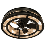 Lit bottom view with glowing mica ring and centered fan blades.