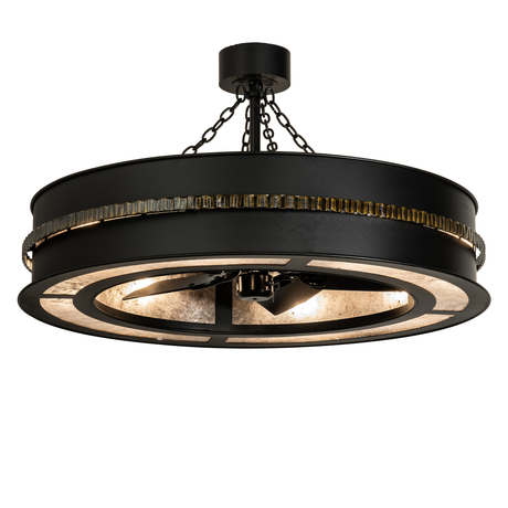 Lit front view showcasing mica diffuser and antique black hammered frame.