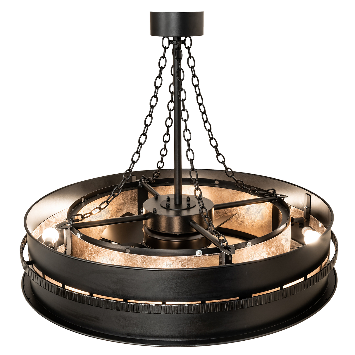 Top lit view displaying layered mica illumination and chain suspension.