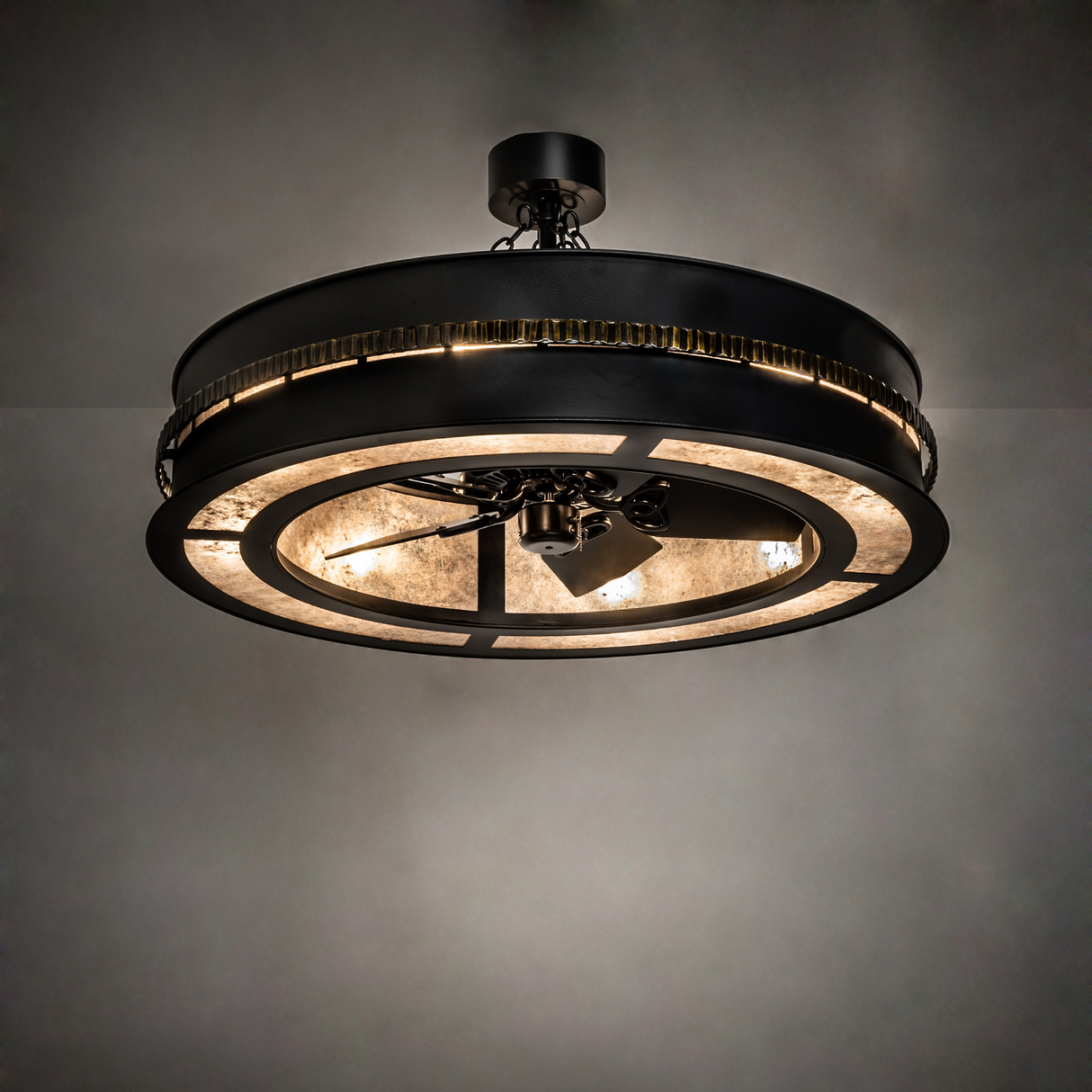 Ambient lit view showing soft light glow and industrial black finish.