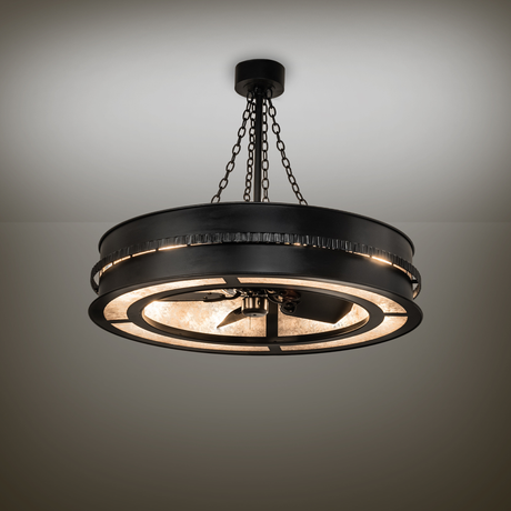 Chandelier fan softly lighting room with industrial black satin finish.