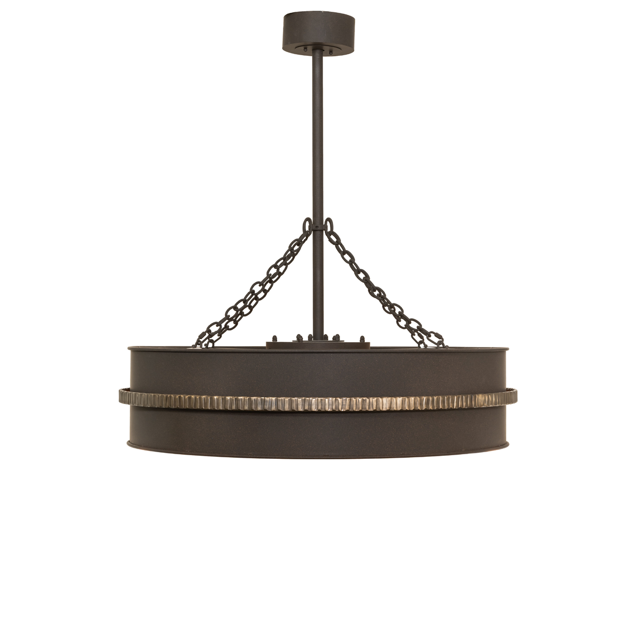 Side profile of lit Golden Forge chandelier fan.