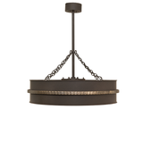 Side profile of lit Golden Forge chandelier fan.