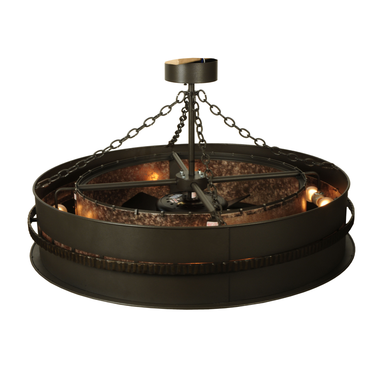 Top angle view showing fan housing, chain suspension, and interior glow.