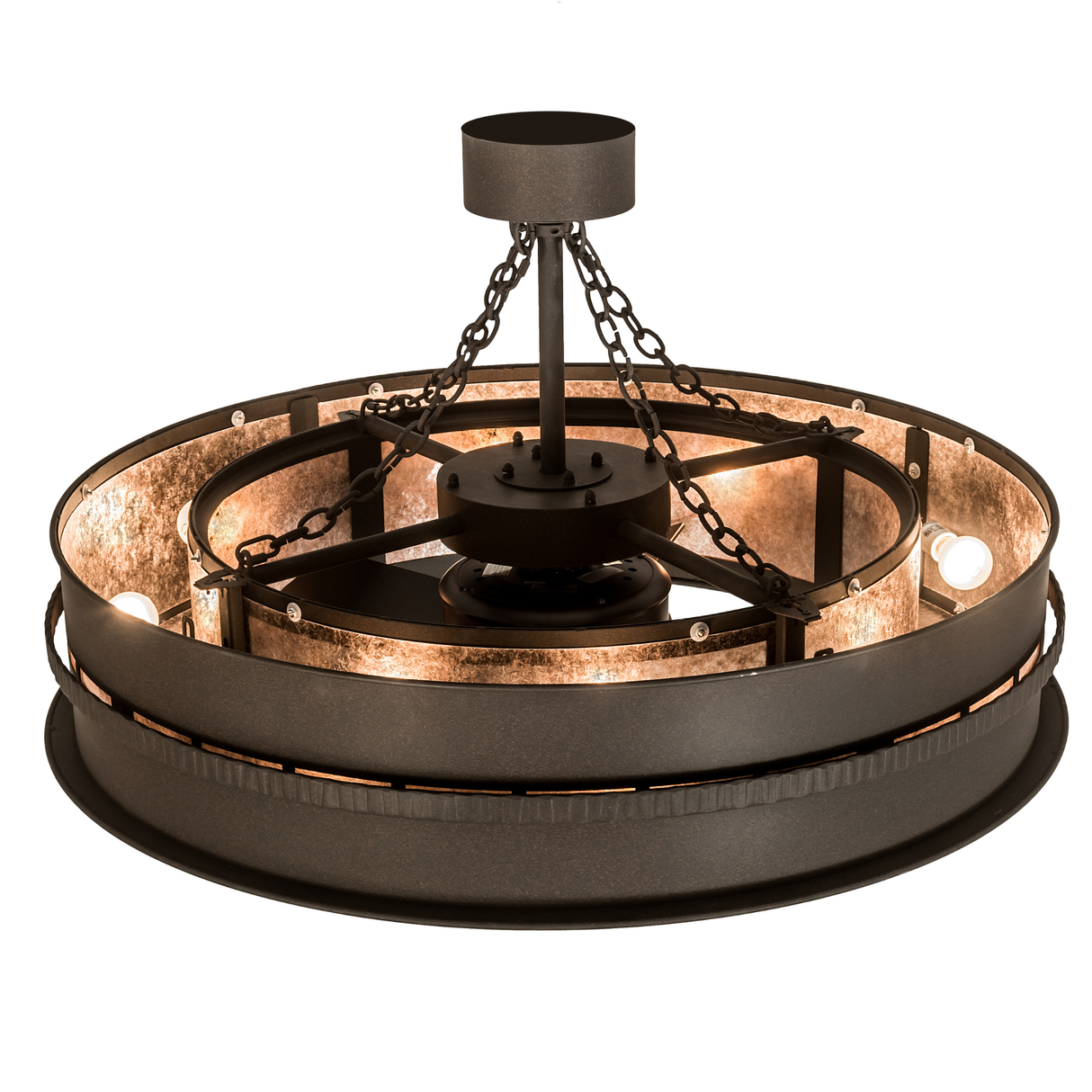 Top lit view highlighting inner light chamber and chain suspension structure.