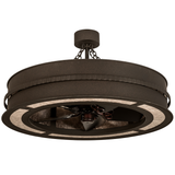 Unlit angled view showing forged metal band, mica panels, and integrated ceiling fan.