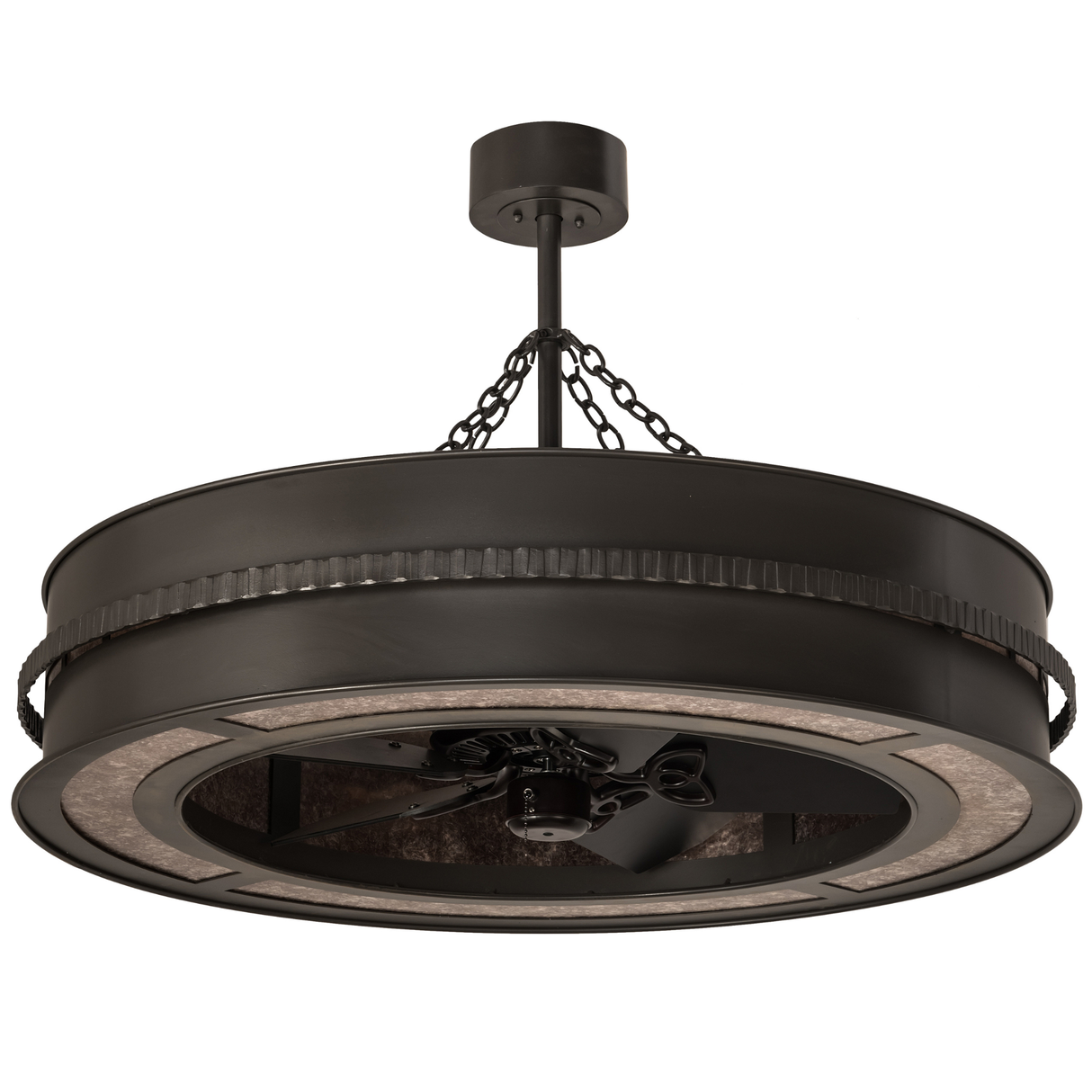 Unlit angled view of Golden Forge Chandel-Air showing hammered bronze band detail.