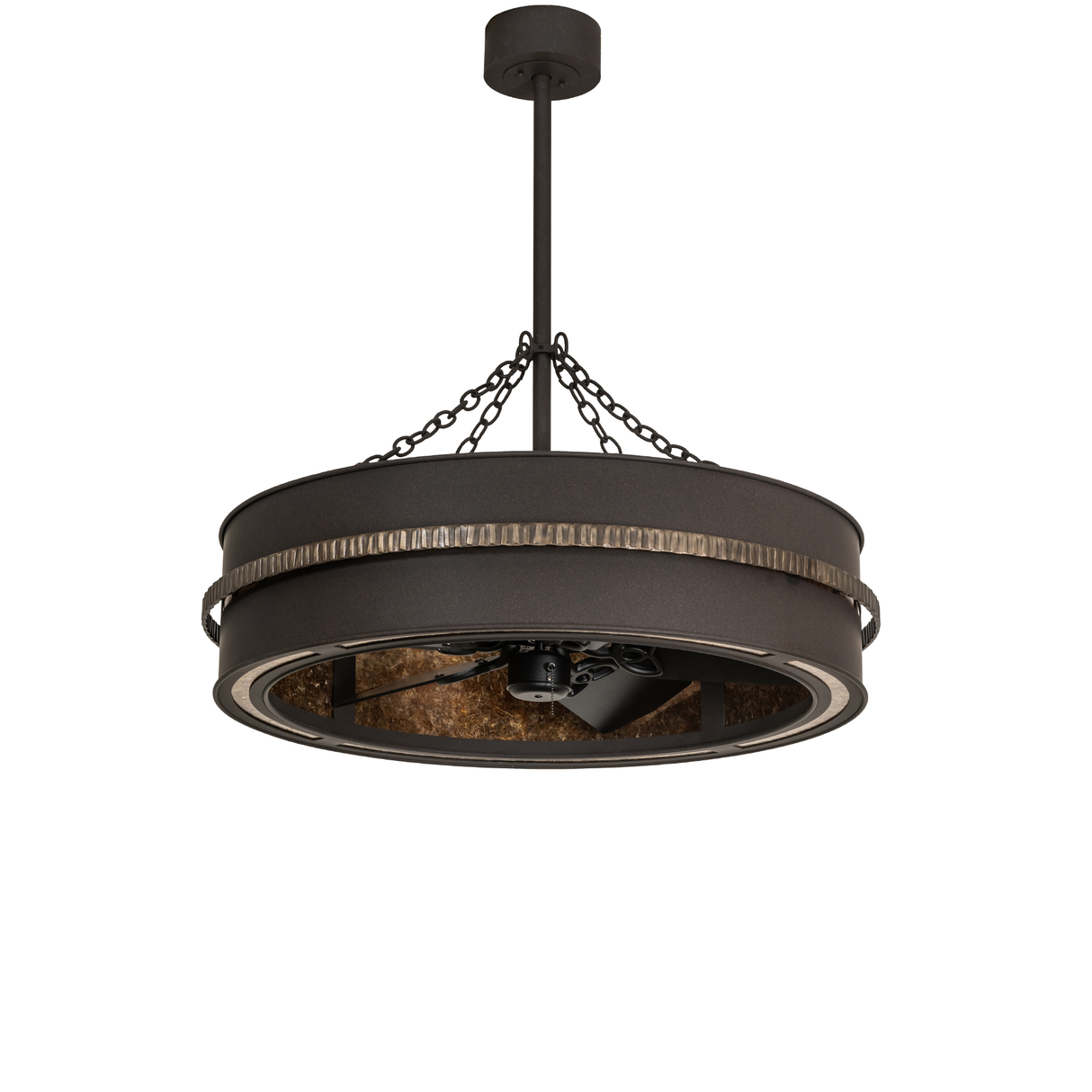 Angled unlit view of Golden Forge Chandel-Air chandelier fan.