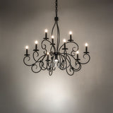 Satin black Grace chandelier installed in dark room setting.