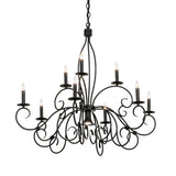 Grace 10-light satin black wrought iron chandelier illuminated view.