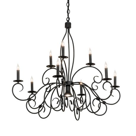Grace 10-light satin black wrought iron chandelier illuminated view.