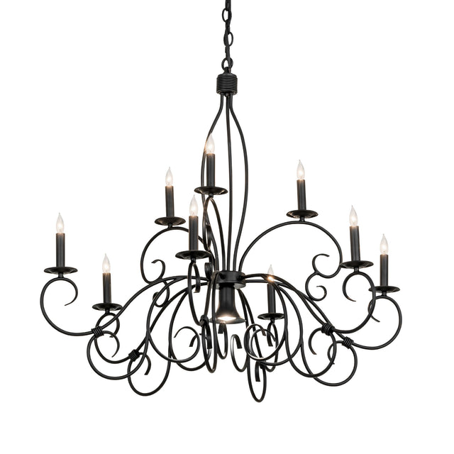 Grace 10-light satin black wrought iron chandelier illuminated view.