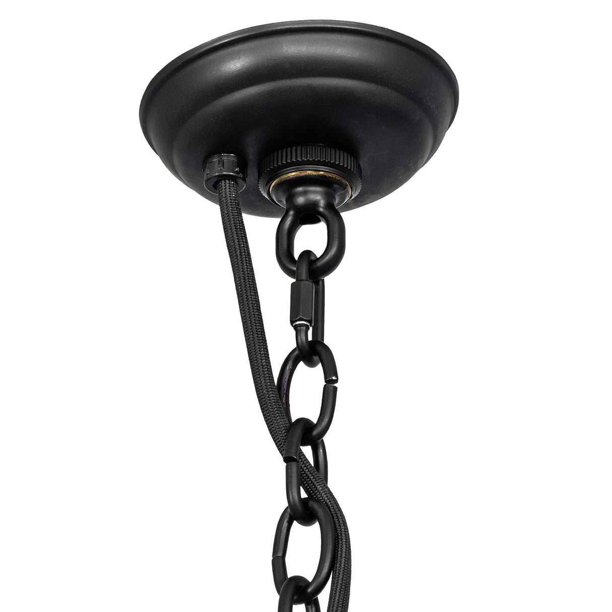 Satin black ceiling canopy and hanging chain detail.