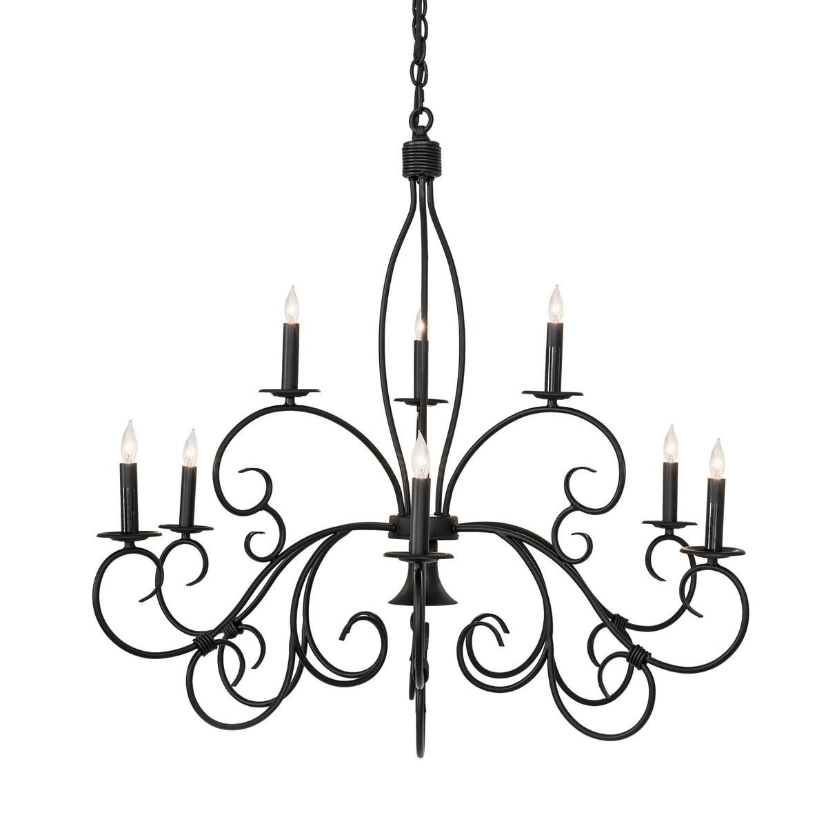 Symmetrical view of Grace wrought iron chandelier design.
