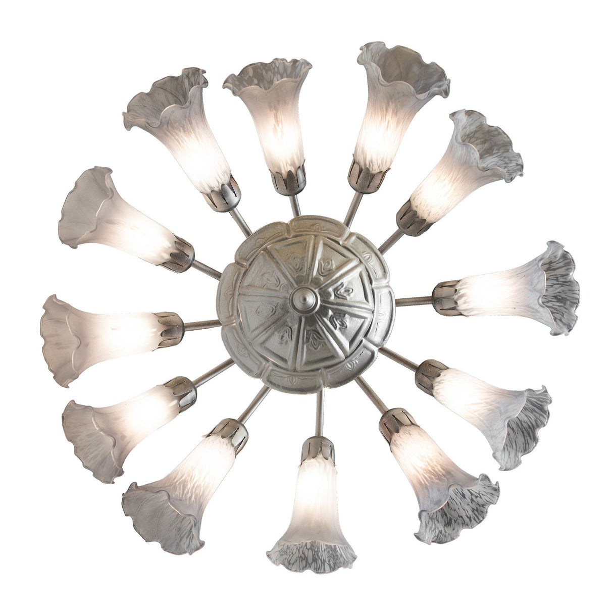 Underside view of pond lily chandelier showing the shades arranged in circular.
