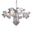 Gray pond lily chandelier lit with 12 glass shades.