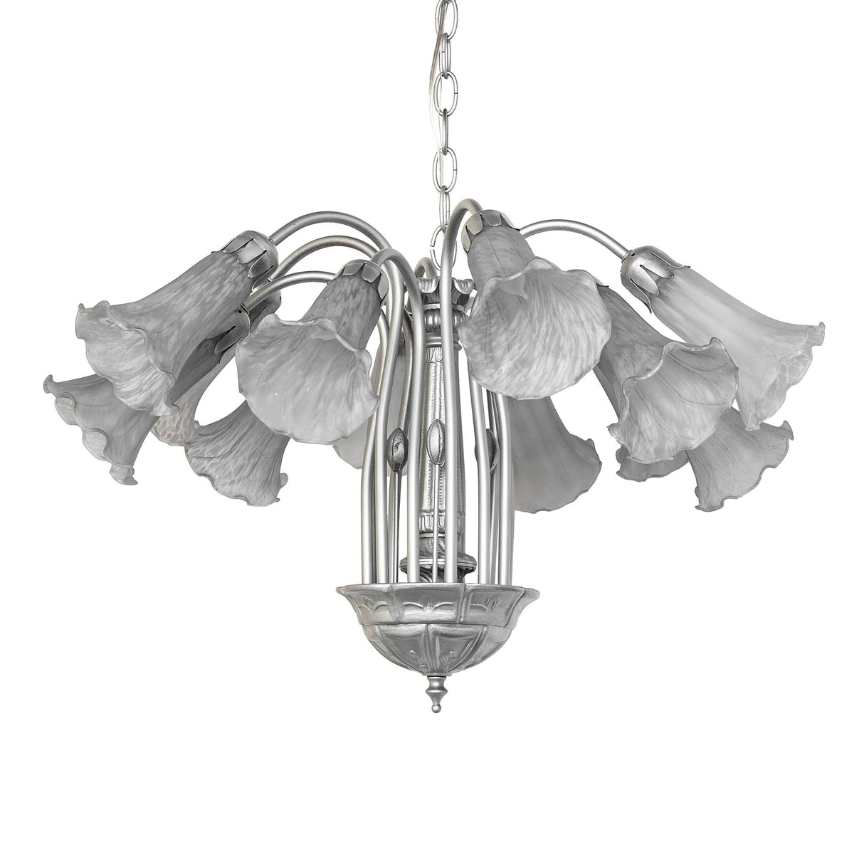 Unlit view of pond lily chandelier shown frosted glass shades.