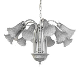 Unlit view of pond lily chandelier shown frosted glass shades.