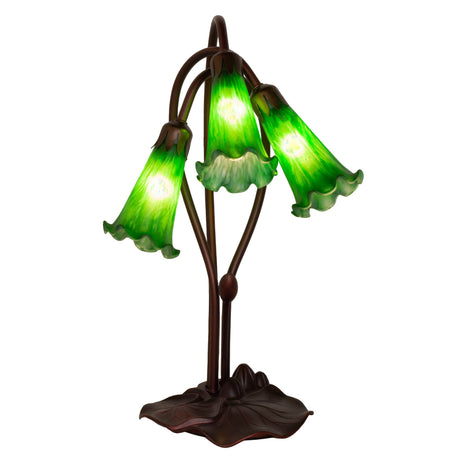 front view of green pond lily accent lamp featuring three elegant lily shades.