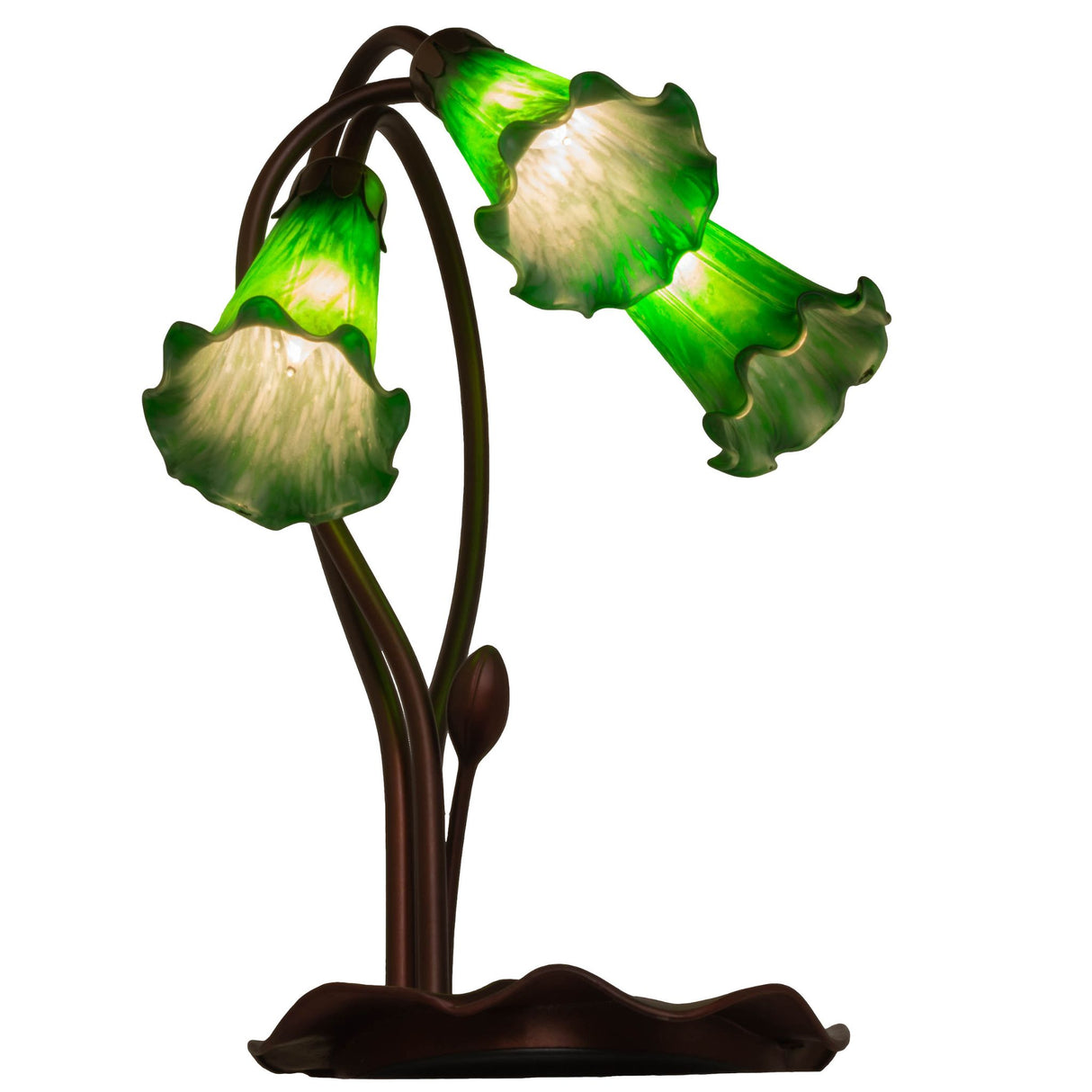 side view of green pond lily accent lamp showing elegant winding stems and lily shades.