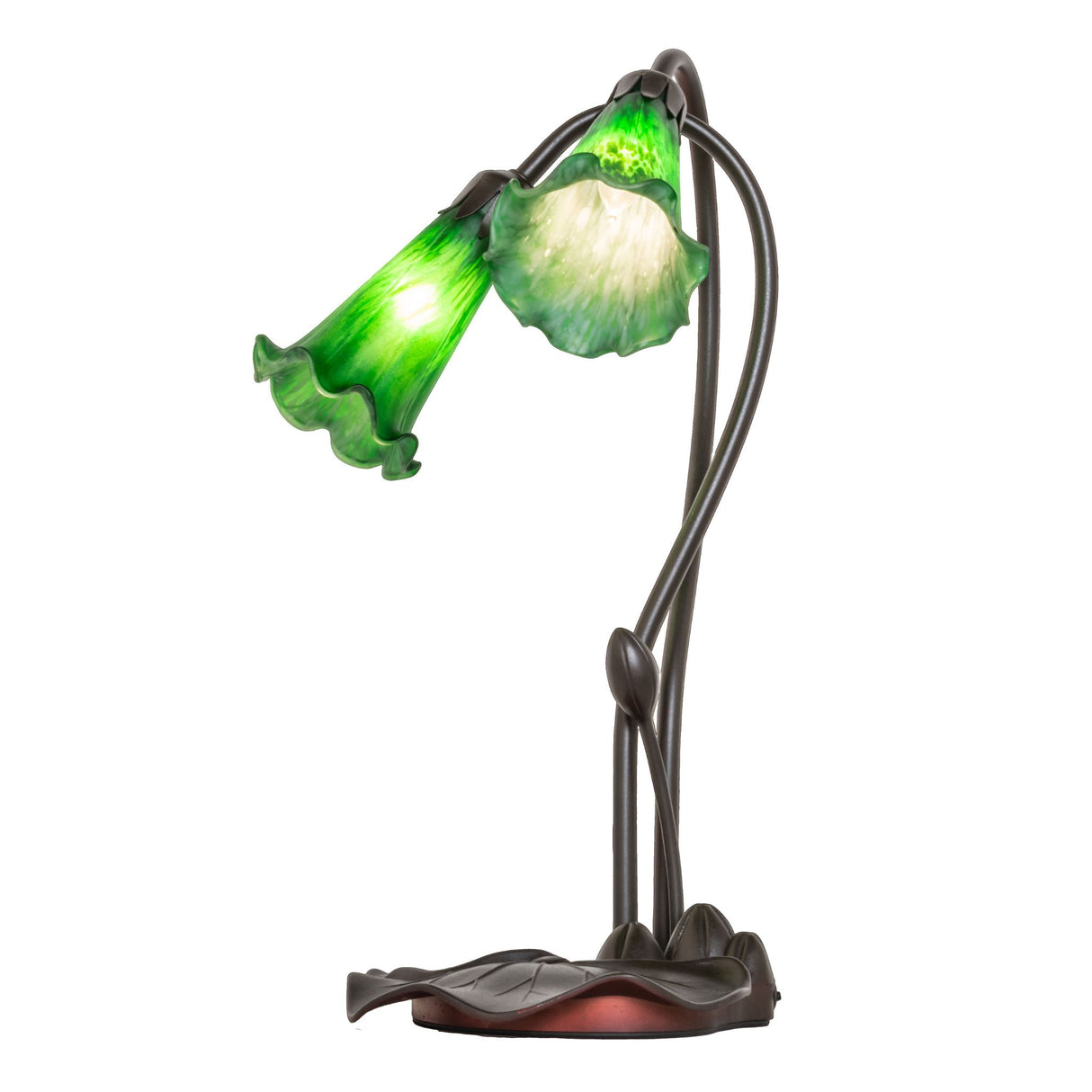 Angled view of the Green Tiffany Pond Lily accent lamp with artistic stems and fluted shades.
