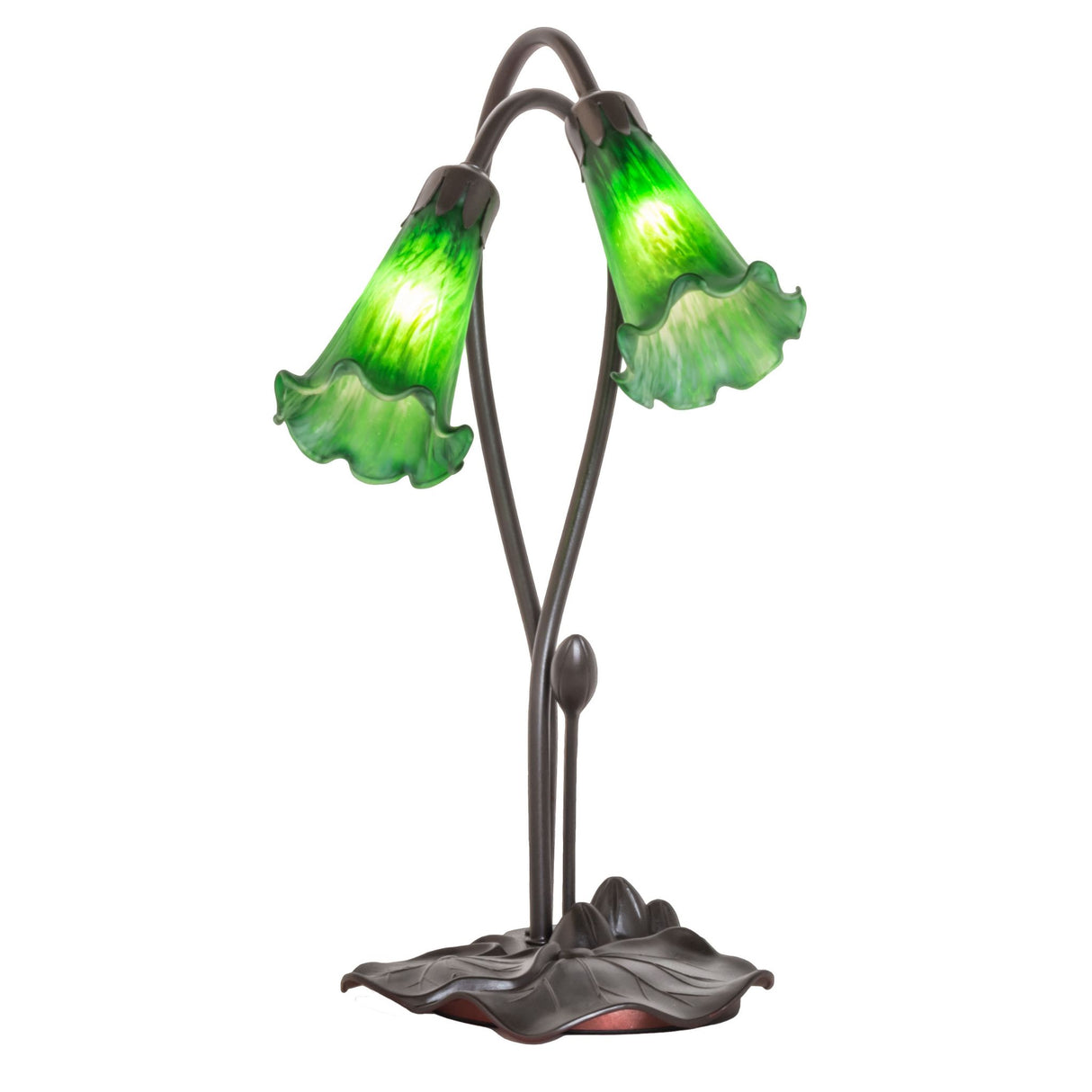 Front view of the Green Tiffany Pond Lily accent lamp featuring elegant stems and glass shades.