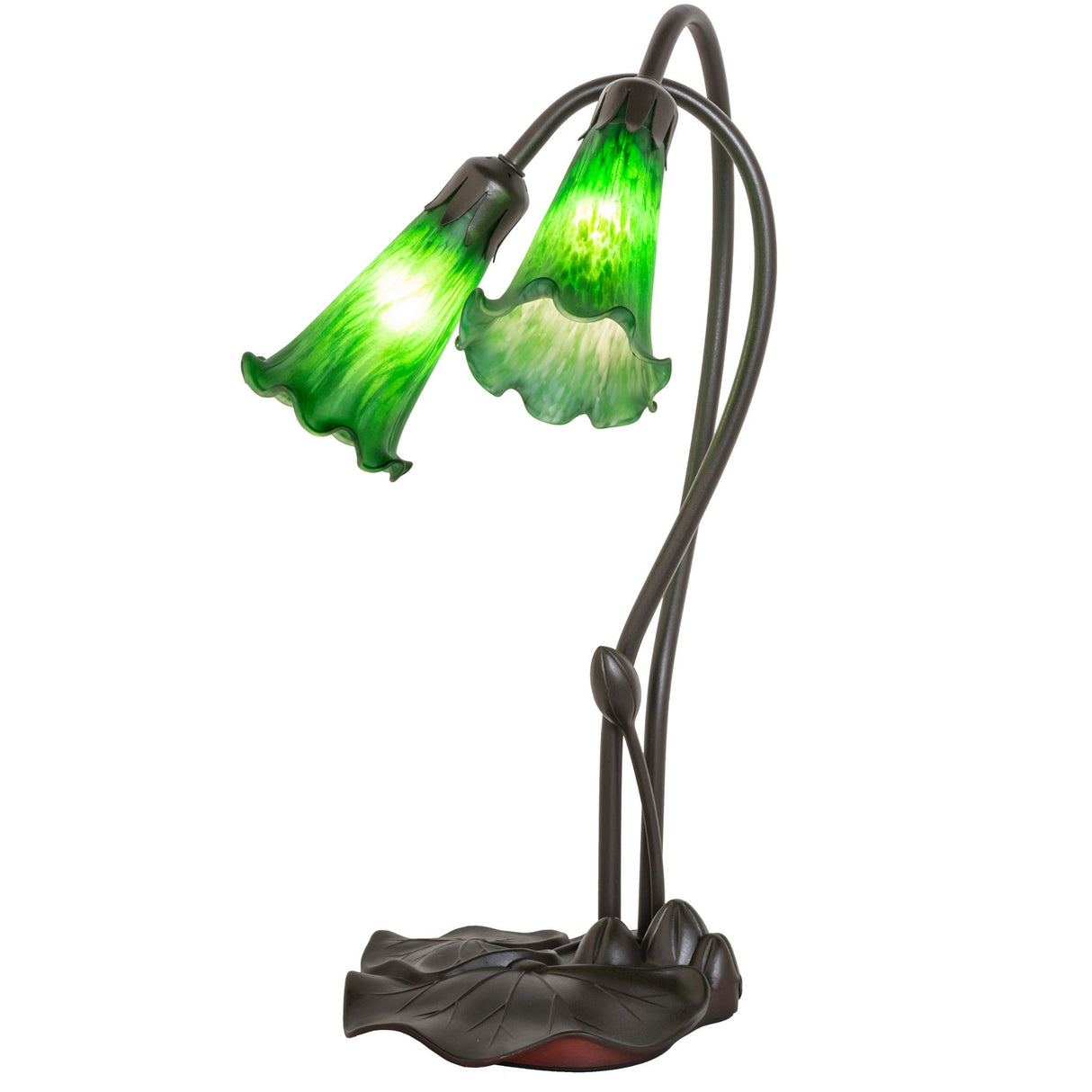 Green Tiffany Pond Lily 2-light accent lamp with emerald green fluted shades.