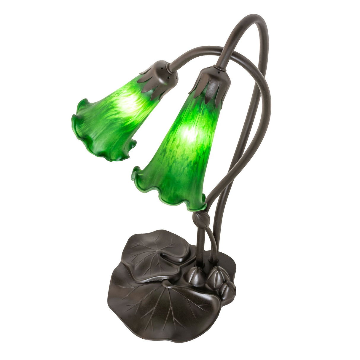 Top view of the Green Tiffany Pond Lily accent lamp focusing on its shade placement and stems.