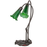 Unlit view of the Green Tiffany Pond Lily accent lamp showcasing its emerald glass shades.