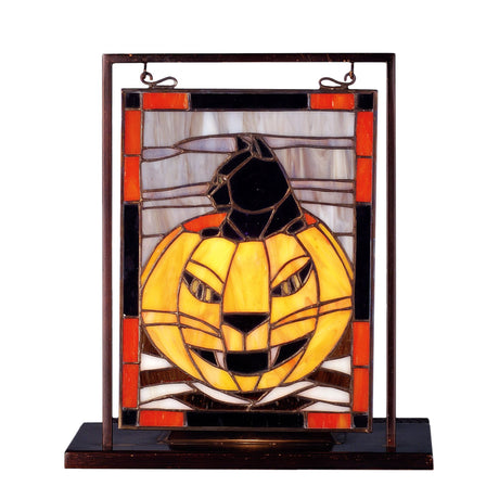 Halloween lighted tabletop window featuring a Jack-o-Lantern and gray sky.