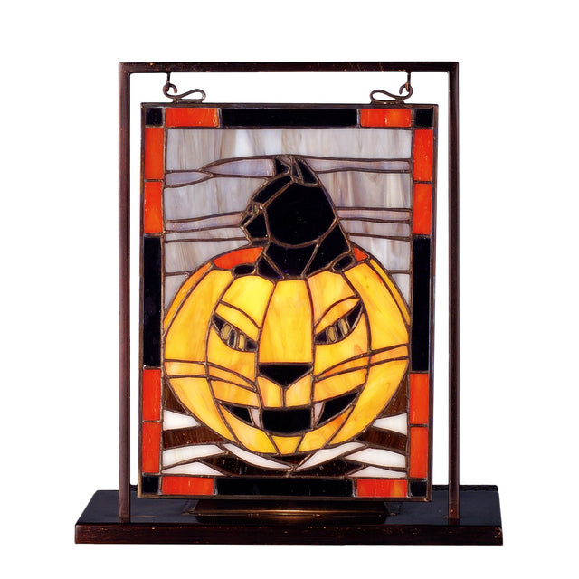 Halloween lighted tabletop window featuring a Jack-o-Lantern and gray sky.