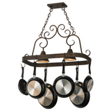 Close-up of lit Elana pot rack downlights and frame.